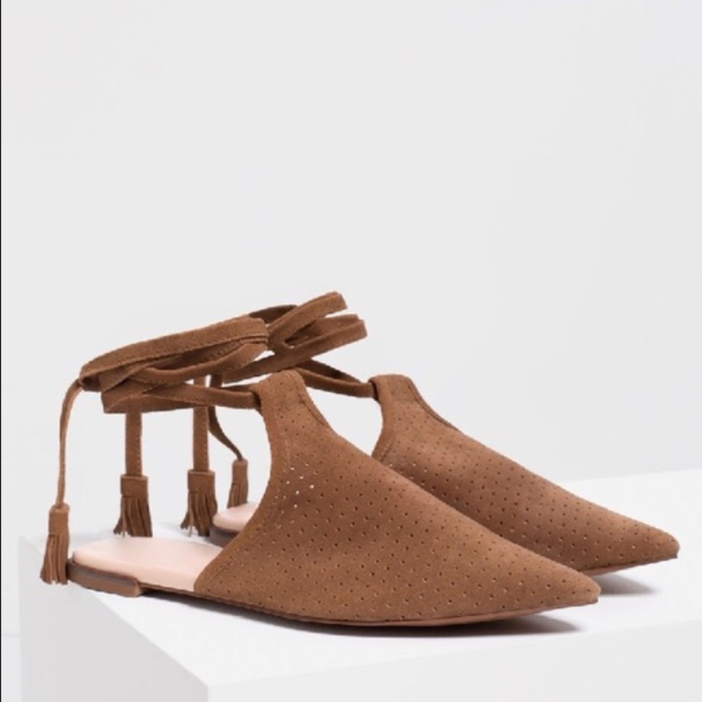 ZARA 100% LEATHER LACE UP TAN SUEDE FLATS BRAND NEW WITH TAGS